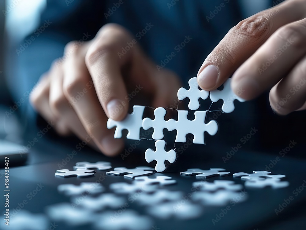 Giant SEO puzzle pieces fitting together on a digital board, marketing strategy, problem solving Giant SEO puzzle pieces fitting together on a digital board, marketing strategy, problem solving