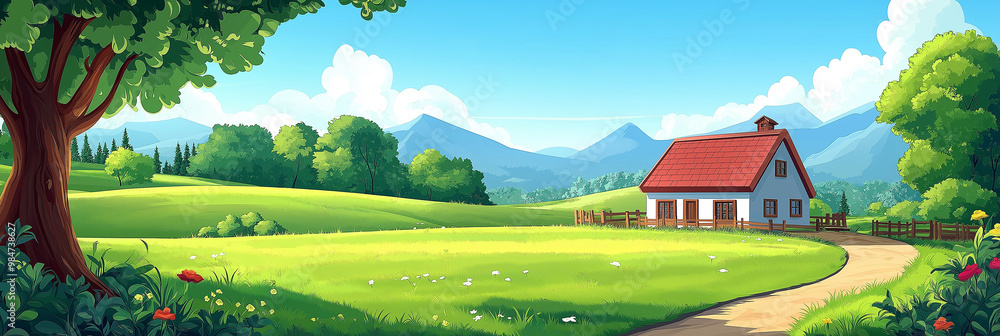 Obraz premium a cute cartoon vector illustration flat cartoon of Green meadow landscape and country house.