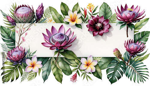 Obraz na płótnie plants branches tropical hand banner watercolor plumeria protea background hibiscus drawn painting white flowers purple plumeria frangipani protea purple pink red aloha yellow hawaii haiti w salonie