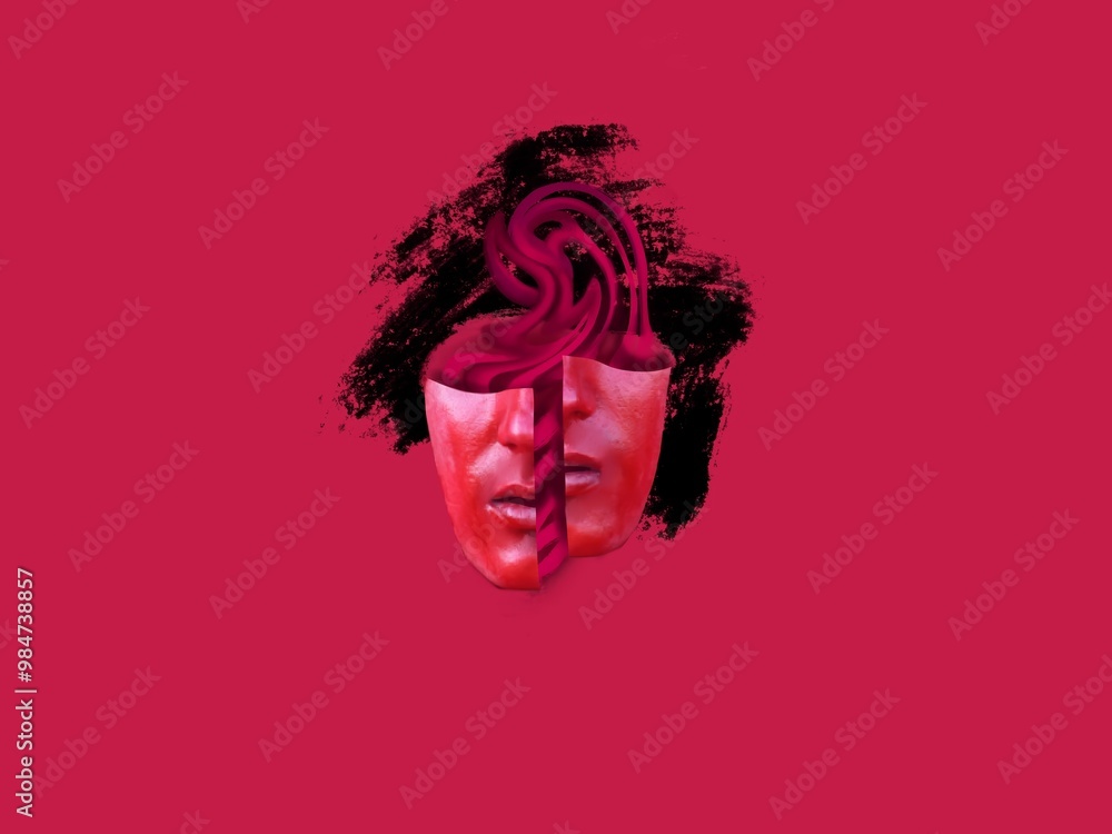Shattered Psyche: A vibrant red mask cracks, revealing a swirling vortex of darkness, symbolizing mental health struggles and hidden turmoil. Shattered Psyche: A vibrant red mask cracks, revealing a swirling vortex of darkness, symbolizing mental health struggles and hidden turmoil.