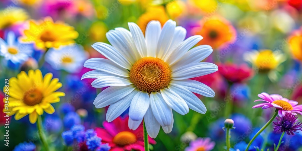 Close up of a vibrant daisy surrounded by colorful wildflowers, daisy, wildflowers, nature, flora, outdoor, garden, beauty Close up of a vibrant daisy surrounded by colorful wildflowers, daisy, wildflowers, nature, flora, outdoor, garden, beauty