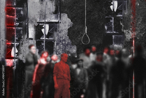 Принти на полотні Isolated in Red: A lone figure in red stands out amidst a blurred crowd beneath a hanging noose, conveying themes of societal pressure, conformity, and individuality in a stark, monochrome palette