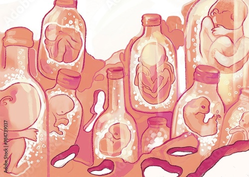 The Ethics of Creation:  A thought-provoking illustration of human fetuses suspended in bottles, sparking dialogue about bioethics, scientific advancements, and the essence of life.  