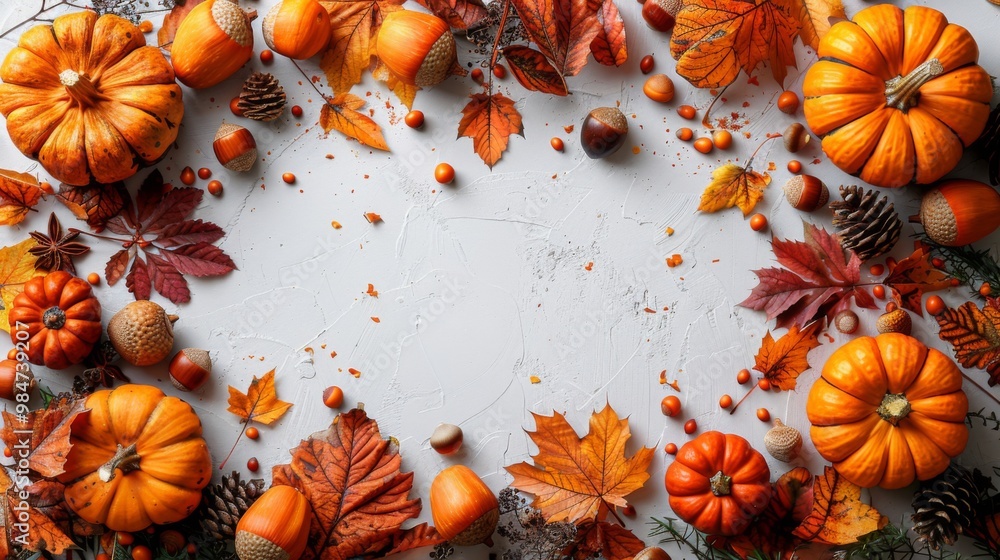 Fototapeta premium Thanksgiving and Harvest Festival. A flat lay of autumn leaves, acorns and pumpkins on white background with space in the center for text or product display