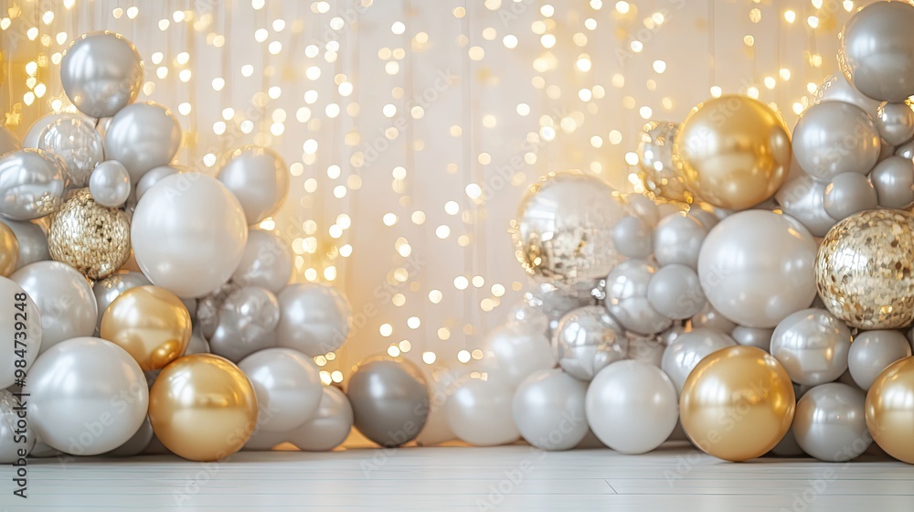 Holiday background with silver and gold metallic balloons, christmas or other events, confetti and ribbons. Birthday party, anniversary, new year. Holiday background with silver and gold metallic balloons, christmas or other events, confetti and ribbons. Birthday party, anniversary, new year.
