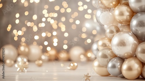 Holiday background with silver and gold metallic balloons, christmas or other events, confetti and ribbons. Birthday party, anniversary, new year.