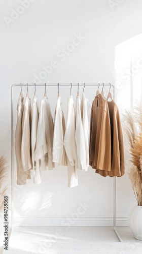 Minimalist clothing rack is displaying cozy sweaters in neutral colors