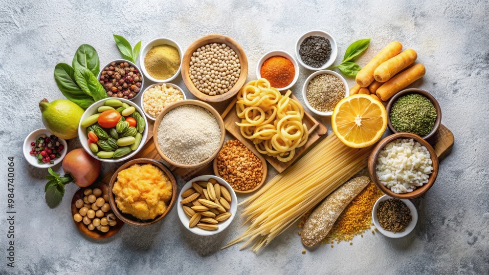 Image of various sources of healthy carbohydrates displayed on a light gray background, carbohydrates, nutrition Image of various sources of healthy carbohydrates displayed on a light gray background, carbohydrates, nutrition