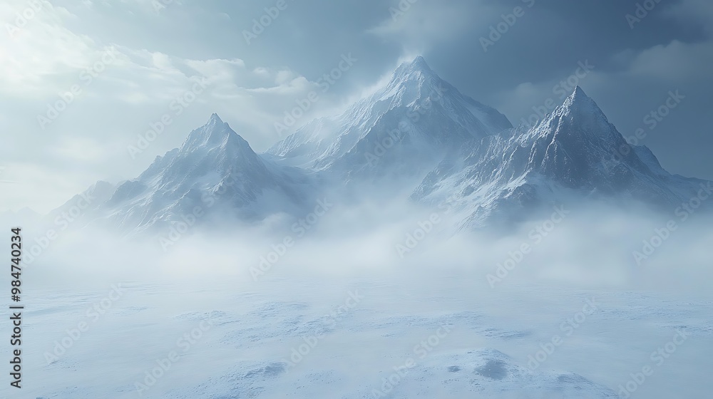 Snowy mountain peaks shrouded in mist and clouds. Snowy mountain peaks shrouded in mist and clouds.