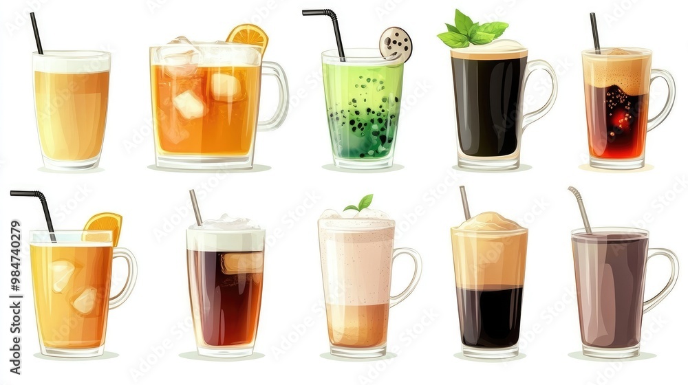 Various hot and cold beverages drinks. Different coffee drinks assorted isolated on white background. boba tea, mocha, tea, green tea, hot chocolate, black coffee, Macha, cappuccino, iced coffee. Various hot and cold beverages drinks. Different coffee drinks assorted isolated on white background. boba tea, mocha, tea, green tea, hot chocolate, black coffee, Macha, cappuccino, iced coffee.