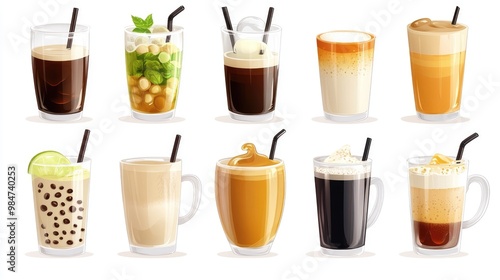 Various hot and cold beverages drinks. Different coffee drinks assorted isolated on white background. boba tea, mocha, tea, green tea, hot chocolate, black coffee, Macha, cappuccino, iced coffee.