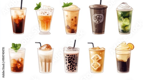 Various hot and cold beverages drinks. Different coffee drinks assorted isolated on white background. boba tea, mocha, tea, green tea, hot chocolate, black coffee, Macha, cappuccino, iced coffee.