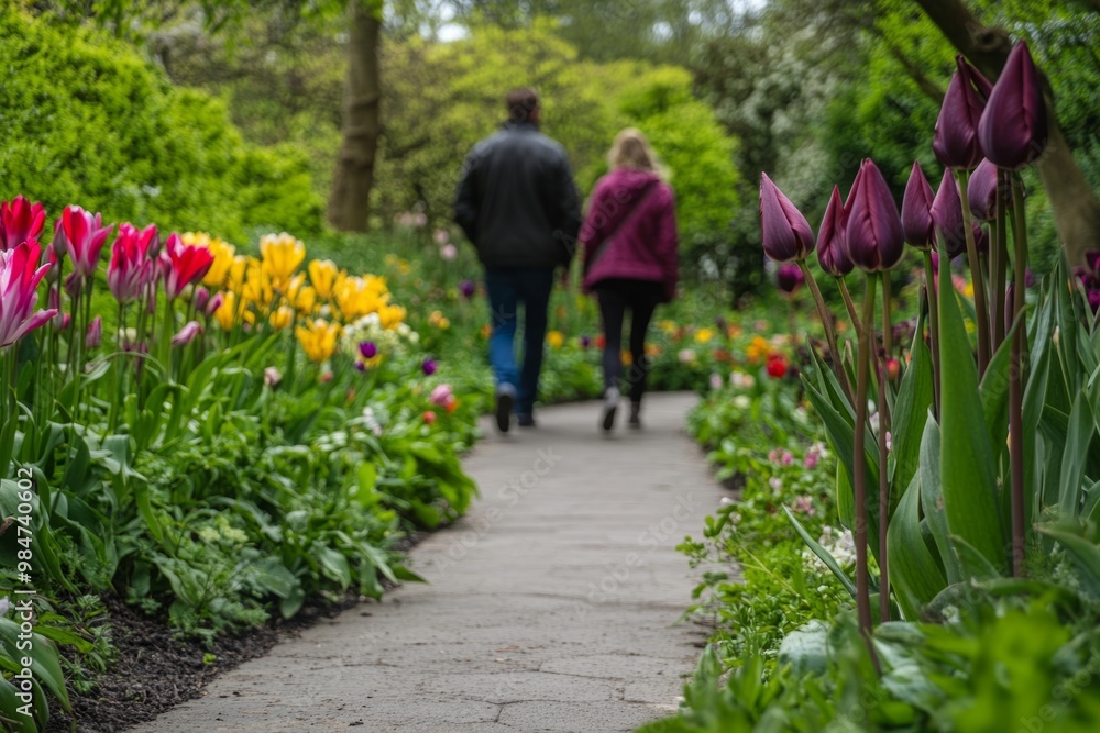 Obraz premium A couple enjoying a peaceful stroll through a vibrant garden filled with colorful tulips. Nature surrounds them on this lovely pathway. Generative AI
