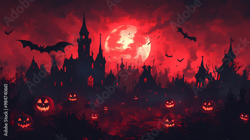 An expansive haunted landscape with silhouetted spooky houses and numerous glowing jack-o'-lanterns under a blood-red moonlit sky, complete with flying bats. Banshee. Illustration