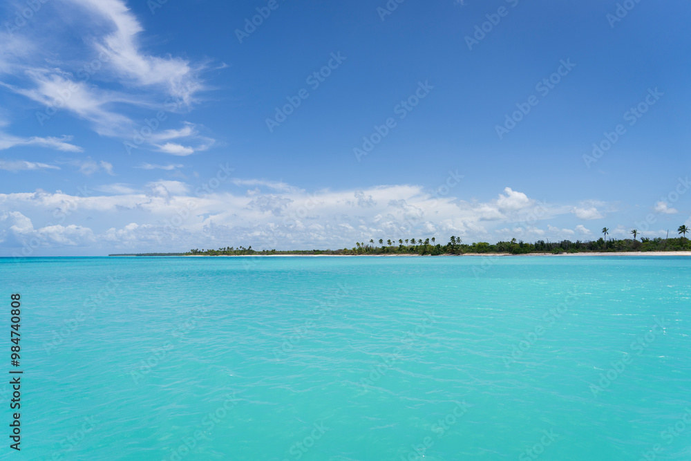Panorama of Saona Island. Caribbean Sea with clear turquoise ocean, blue sky and green palms.Dominican Republic Panorama of Saona Island. Caribbean Sea with clear turquoise ocean, blue sky and green palms.Dominican Republic
