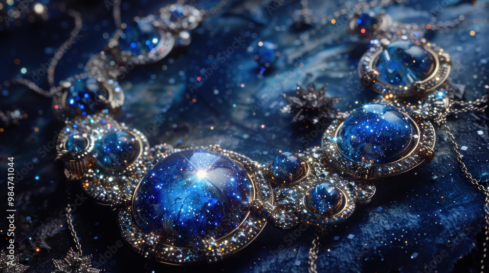 A luxury necklace made from stardust, with each gem containing a piece of the night sky, shimmering and changing as it catches the light A luxury necklace made from stardust, with each gem containing a piece of the night sky, shimmering and changing as it catches the light