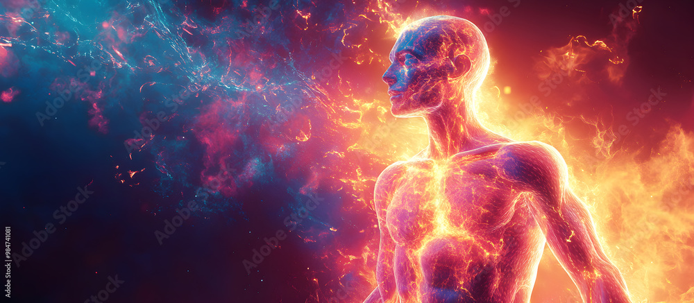 A man's body is surrounded by fire and smoke, with his head A man's body is surrounded by fire and smoke, with his head