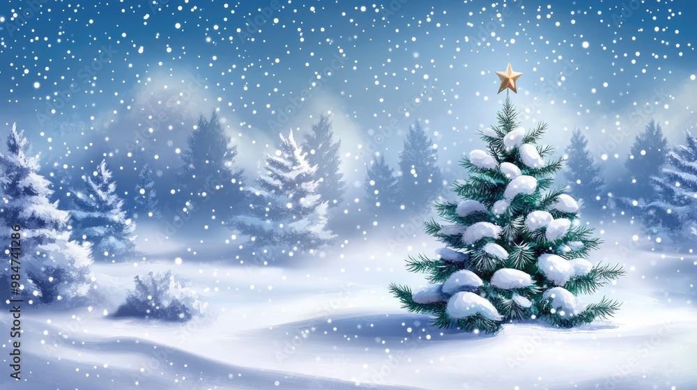 Winter scene with a Christmas tree and snow-covered landscape Winter scene with a Christmas tree and snow-covered landscape
