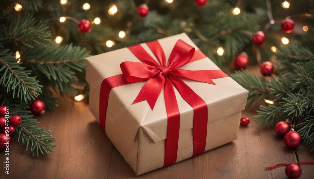 A gift box wrapped in beige paper with a red rib. Shell and fir branch A gift box wrapped in beige paper with a red rib. Shell and fir branch