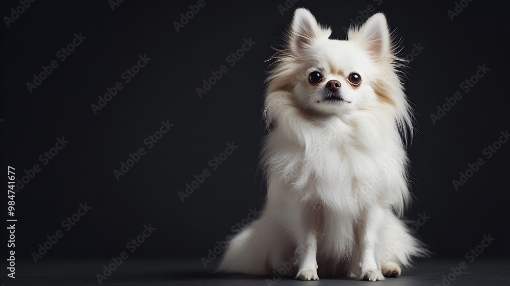 A fluffy Russian Toy dog sitting elegantly on a , showcasing its vibrant coat and expressive eyes