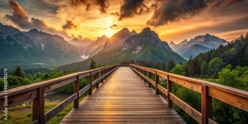 Wallpaper Mural Wooden bridge overlooking majestic mountains during sunset, wood, bridge, mountain, sunset, view, nature, landscape Torontodigital.ca