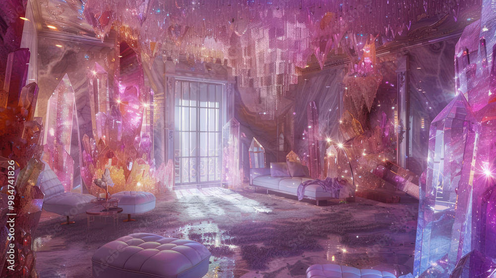 A luxury lifestyle where residents live in palaces made entirely of crystal, with rooms that sparkle and change color as light filters through the walls A luxury lifestyle where residents live in palaces made entirely of crystal, with rooms that sparkle and change color as light filters through the walls