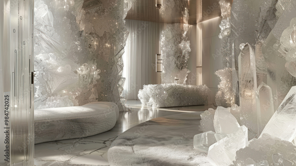 A luxury lifestyle where everything in the home is made of crystal, from the furniture to the walls, creating a living environment that glimmers and shines with every movement A luxury lifestyle where everything in the home is made of crystal, from the furniture to the walls, creating a living environment that glimmers and shines with every movement