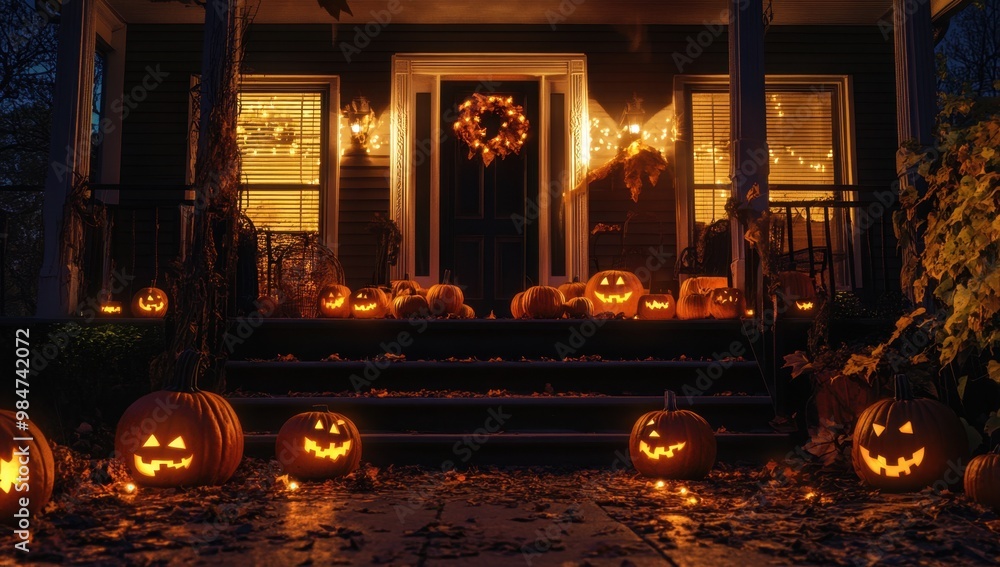 Obraz premium Halloween pumpkins on the front porch of an American house at night The scene is illuminated by warm lights, creating a spooky atmosphere Generative AI