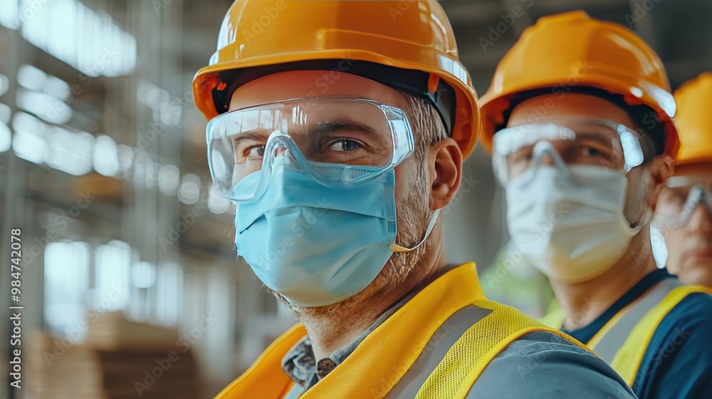 Workers following safety protocols on a construction site, including the use of protective eyewear and hard hats Workers following safety protocols on a construction site, including the use of protective eyewear and hard hats
