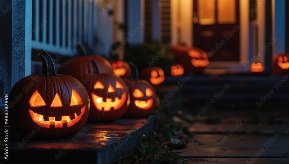 Fototapeta premium Halloween pumpkins on the front porch of an American house at night The pumpkins have carved faces and glowing lights, creating a spooky atmosphere for a Halloween party or decoration Generative AI