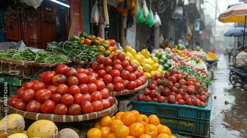 Colorful Produce at a Wet Market Stall
