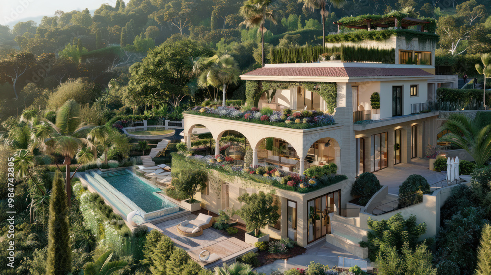 A luxury home with a rooftop garden that produces all the food needed by the residents, including exotic fruits and vegetables from around the world A luxury home with a rooftop garden that produces all the food needed by the residents, including exotic fruits and vegetables from around the world