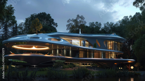 A luxury home designed to resemble a spaceship, with advanced technology that creates artificial gravity and simulates a journey through space