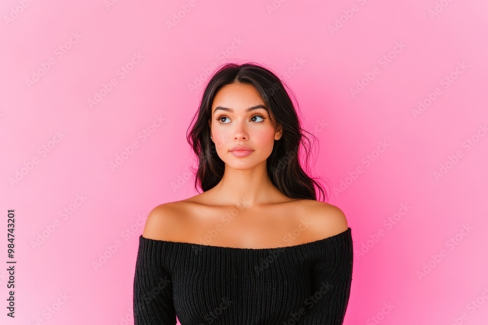 Fototapeta premium Latina woman in studio, expressing a secret, full body shot, vibrant atmosphere, engaging pose, captivating expression, intimate setting