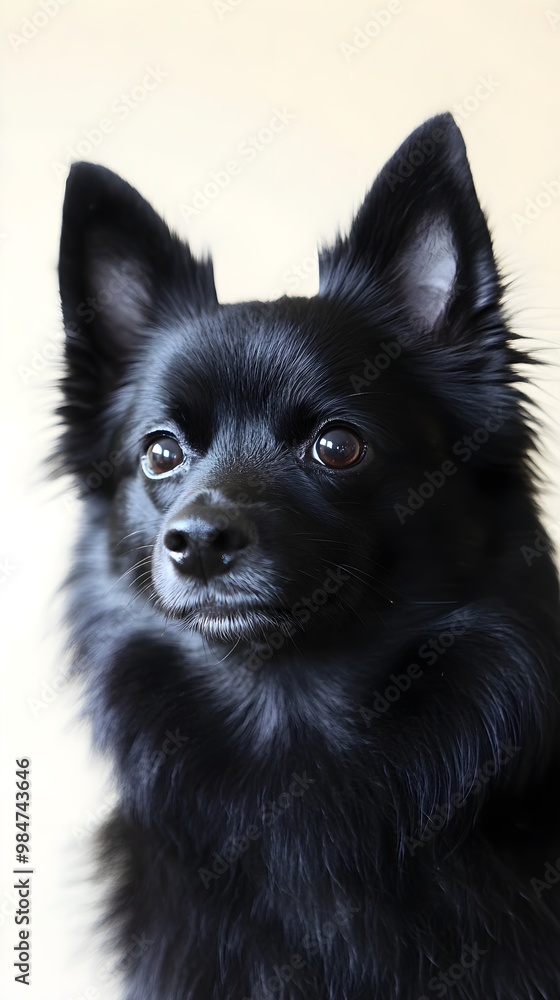 A close-up portrait of a Schipperke dog with bright eyes and a curious look, set against a pale yellow background A close-up portrait of a Schipperke dog with bright eyes and a curious look, set against a pale yellow background