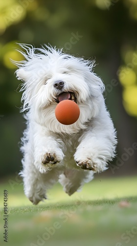 An Old English Sheepdog playing with a ball, captured mid-action, with athat enhances its playful personality photo