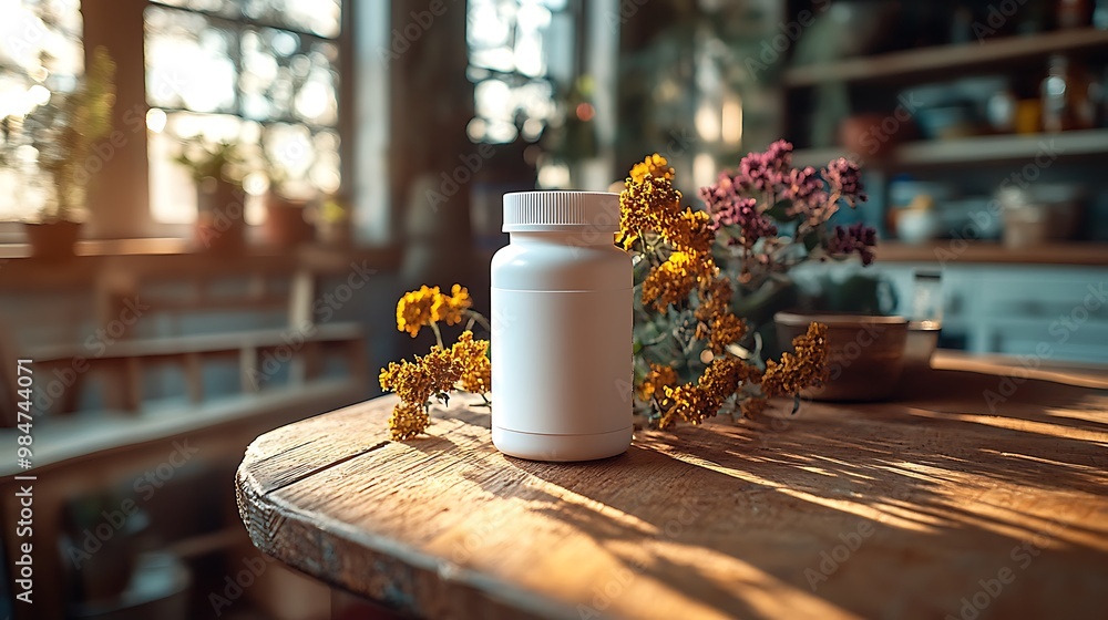 White pill bottle with yellow flowers on a rustic wooden table in a kitchen. White pill bottle with yellow flowers on a rustic wooden table in a kitchen.