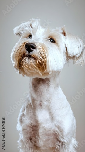 An adult Sealyham Terrier with a well-groomed coat, standing alert with its ears perked up, set against a light pastel background photo