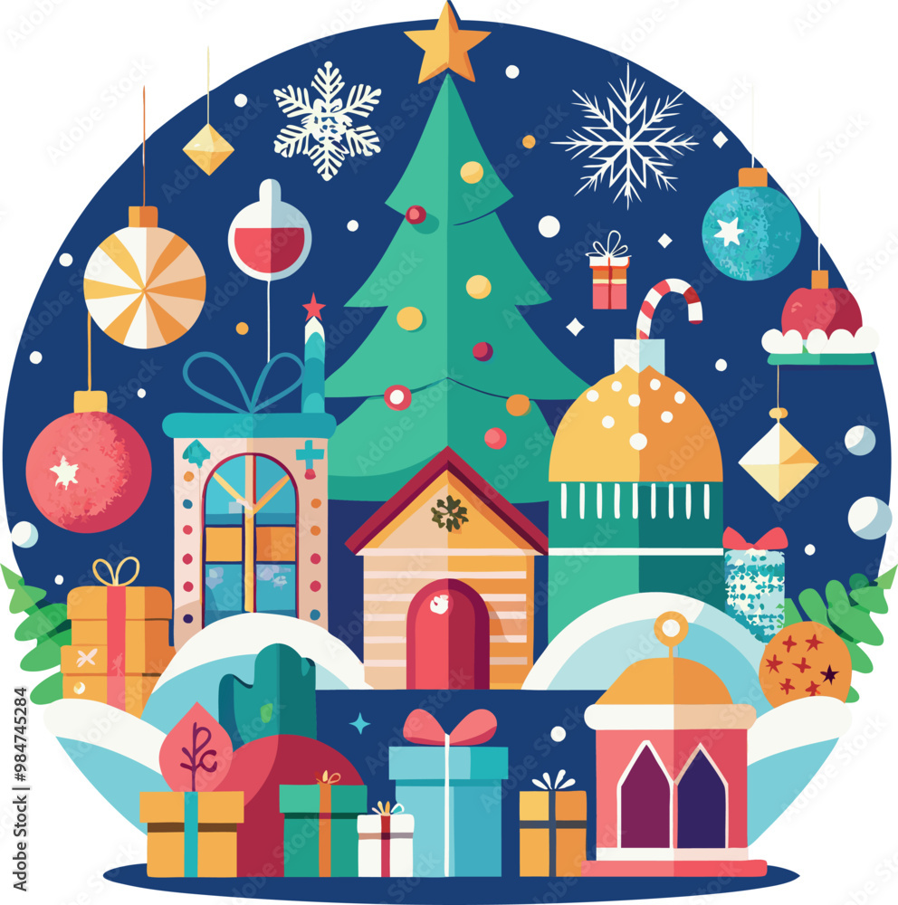 Fototapeta premium A festive Christmas house adorned with a beautifully decorated tree and vibrant holiday decorations in a vector illustration