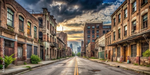 Deserted city street lined with abandoned buildings , urban, deserted, empty, road, sidewalk, buildings, city