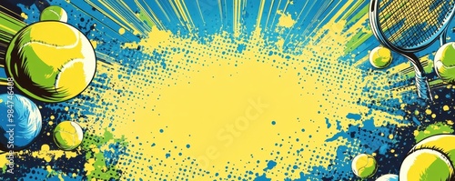 Dynamic tennis-themed comic book style background with bright colors and energetic illustrations of tennis balls and rackets
