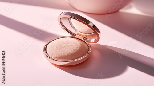 A chic powder puff next to a modern compact powder case on a minimalist background, demonstrating its crucial role in achieving a flawless and polished makeup appearance. photo