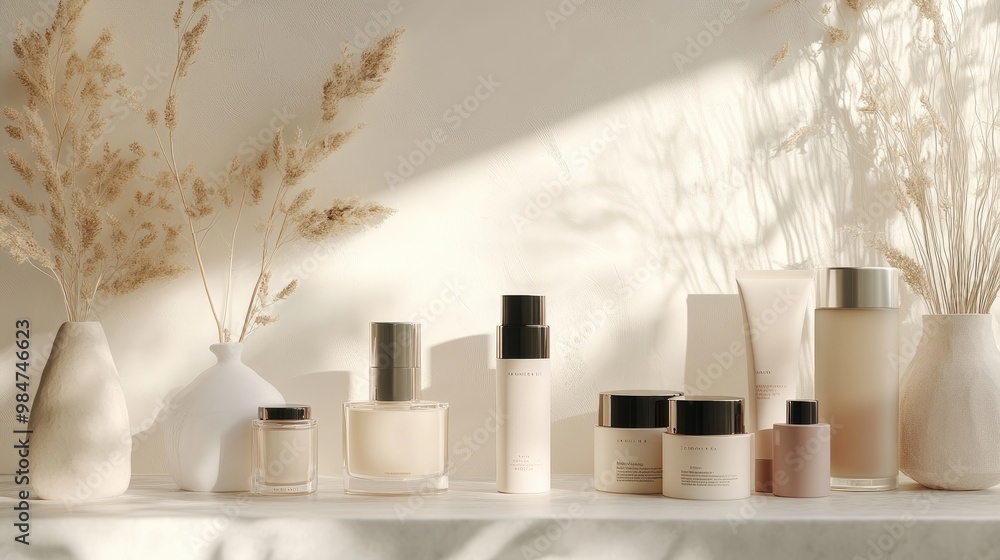 A close-up of a luxurious beauty product display featuring high-end skincare items and makeup essentials, set against a soft, neutral background for a sophisticated look.