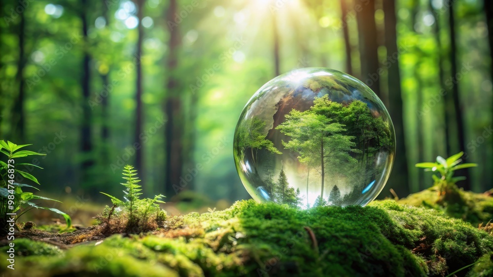 Glass globe surrounded by lush green forest, representing nature, sustainability, and climate change awareness Glass globe surrounded by lush green forest, representing nature, sustainability, and climate change awareness