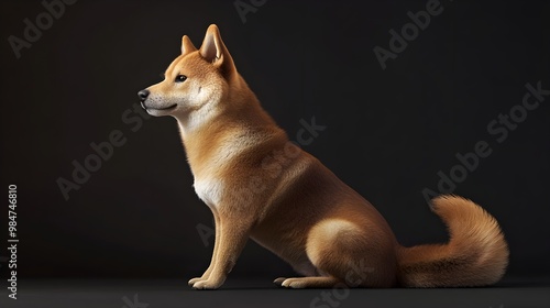 A Shikoku dog sitting gracefully on a , showcasing its distinctive curled tail and alert expression photo