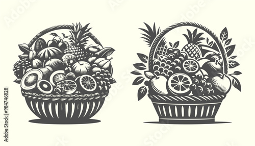 Silhouette of  fruit basket full with different fruits. Elegant vector fruit basket silhouette, great for grocery, produce, and nature-inspired designs photo