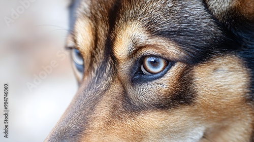 A close-up of a Shikoku dog's face, highlighting its expressive eyes and unique coat pattern against a soft, neutral backdrop photo