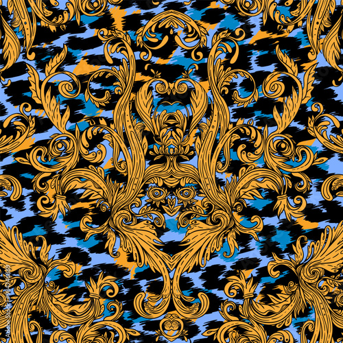 Baroque neon colored seamless pattern over leopard or cheetah skin titled bac...