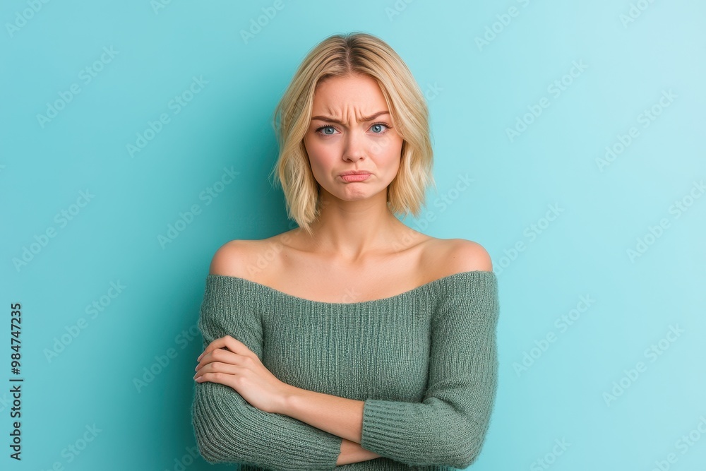 Blonde young Caucasian woman in blue studio, frowning expression, conveying a sense of contemplation or concern in a vibrant setting Blonde young Caucasian woman in blue studio, frowning expression, conveying a sense of contemplation or concern in a vibrant setting