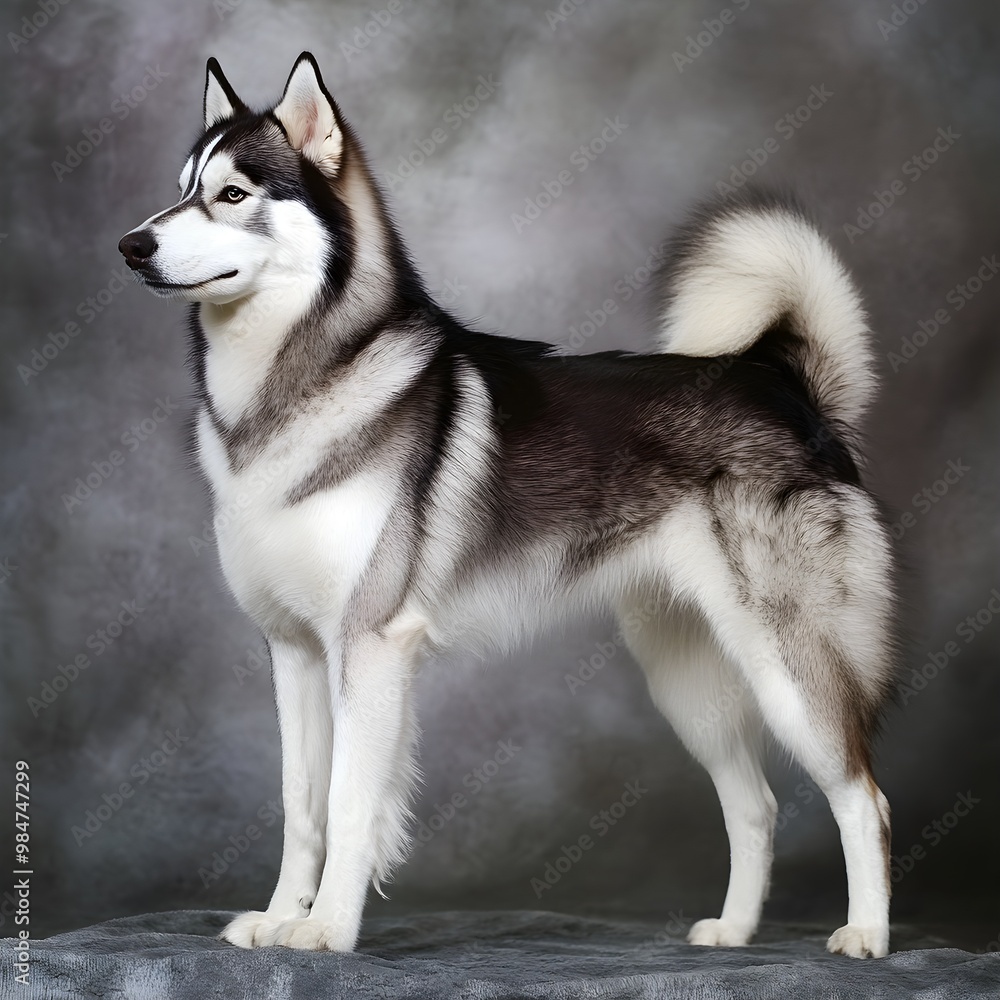 A majestic adult Siberian Husky standing proudly, with its thick coat beautifully contrasting against a A majestic adult Siberian Husky standing proudly, with its thick coat beautifully contrasting against a